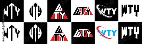 WTY letter logo design in six style. WTY polygon, circle, triangle, hexagon, flat and simple style with black and white color variation letter logo set in one artboard. WTY minimalist and classic logo