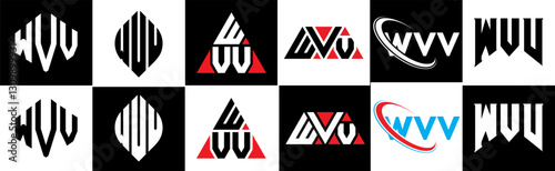 WVV letter logo design in six style. WVV polygon, circle, triangle, hexagon, flat and simple style with black and white color variation letter logo set in one artboard. WVV minimalist and classic logo