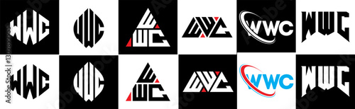 WWC letter logo design in six style. WWC polygon, circle, triangle, hexagon, flat and simple style with black and white color variation letter logo set in one artboard. WWC minimalist and classic logo
