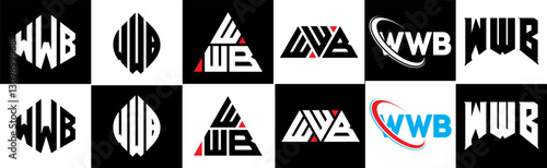 WWB letter logo design in six style. WWB polygon, circle, triangle, hexagon, flat and simple style with black and white color variation letter logo set in one artboard. WWB minimalist and classic logo