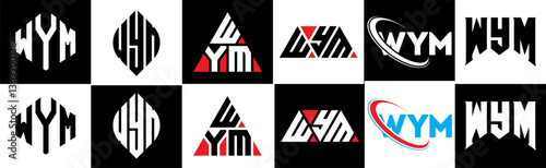 WYM letter logo design in six style. WYM polygon, circle, triangle, hexagon, flat and simple style with black and white color variation letter logo set in one artboard. WYM minimalist and classic logo