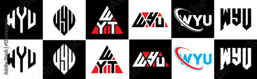 WYU letter logo design in six style. WYU polygon, circle, triangle, hexagon, flat and simple style with black and white color variation letter logo set in one artboard. WYU minimalist and classic logo