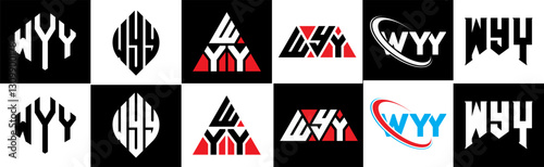 WYY letter logo design in six style. WYY polygon, circle, triangle, hexagon, flat and simple style with black and white color variation letter logo set in one artboard. WYY minimalist and classic logo