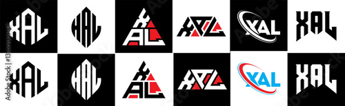 XAL letter logo design in six style. XAL polygon, circle, triangle, hexagon, flat and simple style with black and white color variation letter logo set in one artboard. XAL minimalist and classic logo