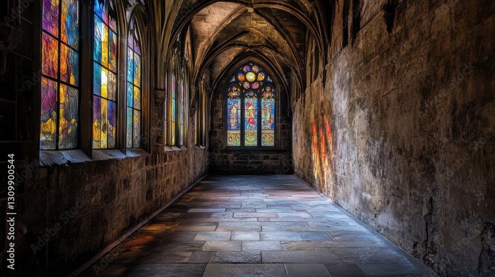 Fototapeta premium Gothic Cathedral Passageway, Light Through Stained Glass, Architectural Interior, Potential Use for Wallpaper or Background