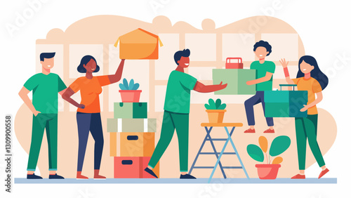 A group of local volunteers helping to set up the layout and displays of the thrift store chains newest store eager to contribute to the expansion of. Vector illustration