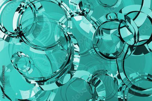 Abstract vibrant background - pattern of bubbles, curls, circles of aqua blue, turquoise glossy metallic plastic with energy, modern, party vibe for business, science, medicine, study. 3D rendering.