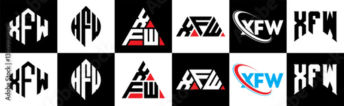 XFW letter logo design in six style. XFW polygon, circle, triangle, hexagon, flat and simple style with black and white color variation letter logo set in one artboard. XFW minimalist and classic logo