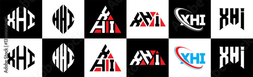 XHI letter logo design in six style. XHI polygon, circle, triangle, hexagon, flat and simple style with black and white color variation letter logo set in one artboard. XHI minimalist and classic logo