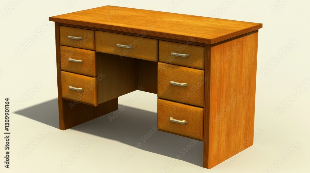 Wooden office desk with drawers stands on plain white surface Wooden office desk with drawers stands on plain white surface