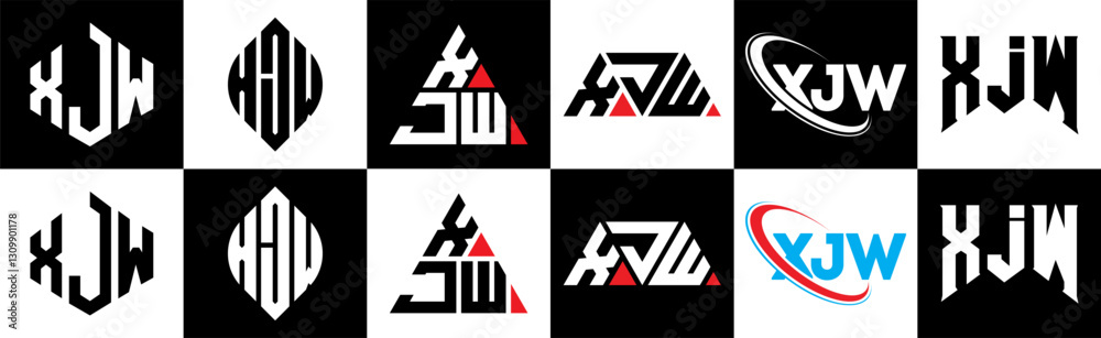 Obraz premium XJW letter logo design in six style. XJW polygon, circle, triangle, hexagon, flat and simple style with black and white color variation letter logo set in one artboard. XJW minimalist and classic logo