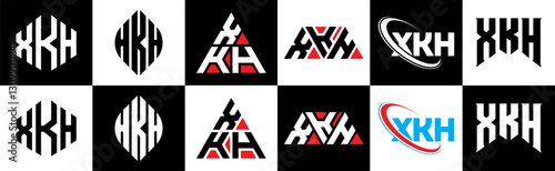 XKH letter logo design in six style. XKH polygon, circle, triangle, hexagon, flat and simple style with black and white color variation letter logo set in one artboard. XKH minimalist and classic logo