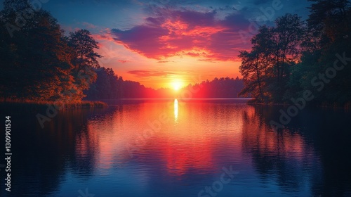 Fiery sunset reflects on calm lake water