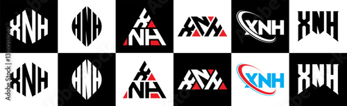 XNH letter logo design in six style. XNH polygon, circle, triangle, hexagon, flat and simple style with black and white color variation letter logo set in one artboard. XNH minimalist and classic logo