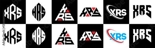 XRS letter logo design in six style. XRS polygon, circle, triangle, hexagon, flat and simple style with black and white color variation letter logo set in one artboard. XRS minimalist and classic logo