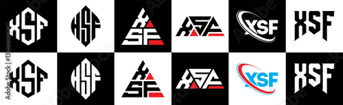 XSF letter logo design in six style. XSF polygon, circle, triangle, hexagon, flat and simple style with black and white color variation letter logo set in one artboard. XSF minimalist and classic logo