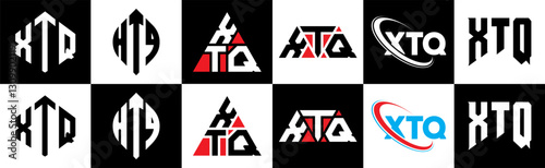 XTQ letter logo design in six style. XTQ polygon, circle, triangle, hexagon, flat and simple style with black and white color variation letter logo set in one artboard. XTQ minimalist and classic logo