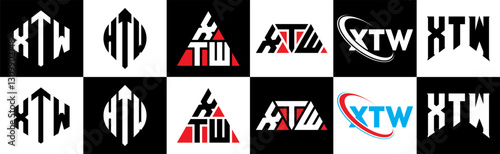 XTW letter logo design in six style. XTW polygon, circle, triangle, hexagon, flat and simple style with black and white color variation letter logo set in one artboard. XTW minimalist and classic logo