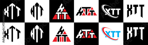 XTT letter logo design in six style. XTT polygon, circle, triangle, hexagon, flat and simple style with black and white color variation letter logo set in one artboard. XTT minimalist and classic logo