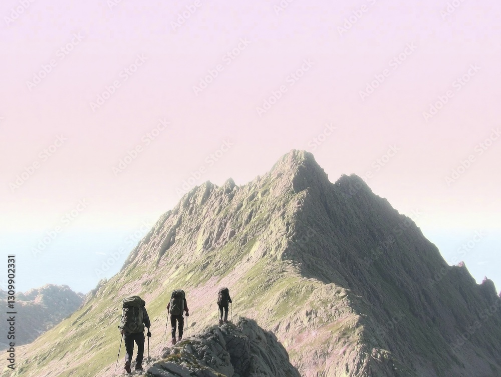 Obraz premium A semi silhouette of hikers ascending a mountain, with an expansive sky above, symbolizing ambition and the pursuit of greatness.