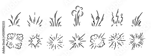 Pen Comic Boom Explosion Vector Set. Chalk Scribble Crayon Graffiti Sturburst Cartoon Splash Firework Shapes Collection. Hand Drawn Marker Squiggles. Pencil Motion Sparks Charcoal Doodles