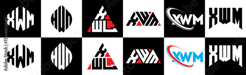 XWM letter logo design in six style. XWM polygon, circle, triangle, hexagon, flat and simple style with black and white color variation letter logo set in one artboard. XWM minimalist and classic logo