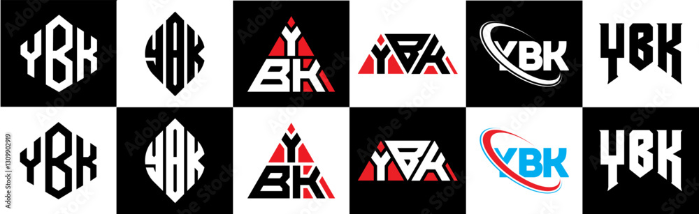 Obraz premium YBK letter logo design in six style. YBK polygon, circle, triangle, hexagon, flat and simple style with black and white color variation letter logo set in one artboard. YBK minimalist and classic logo