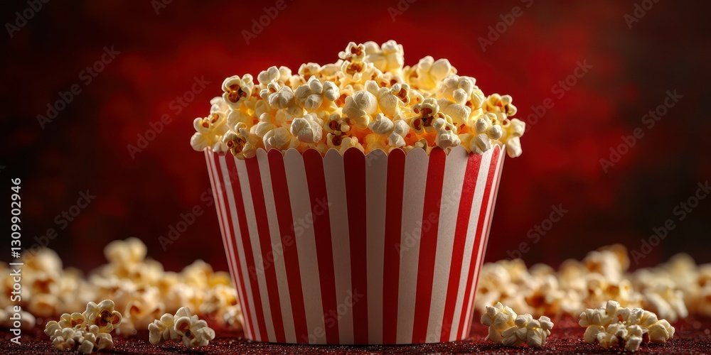 Freshly popped popcorn in a striped container on a red background for movie night enjoyment Freshly popped popcorn in a striped container on a red background for movie night enjoyment