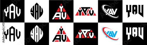YAV letter logo design in six style. YAV polygon, circle, triangle, hexagon, flat and simple style with black and white color variation letter logo set in one artboard. YAV minimalist and classic logo