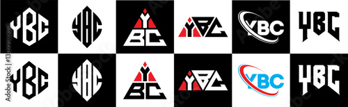 YBC letter logo design in six style. YBC polygon, circle, triangle, hexagon, flat and simple style with black and white color variation letter logo set in one artboard. YBC minimalist and classic logo