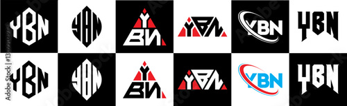 YBN letter logo design in six style. YBN polygon, circle, triangle, hexagon, flat and simple style with black and white color variation letter logo set in one artboard. YBN minimalist and classic logo