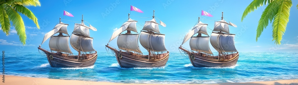 Naklejka premium Sailing ships near a beach paradise. Sunny waters for travel brochure