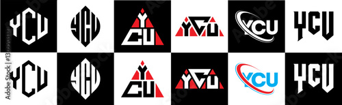 YCU letter logo design in six style. YCU polygon, circle, triangle, hexagon, flat and simple style with black and white color variation letter logo set in one artboard. YCU minimalist and classic logo
