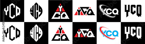 YCQ letter logo design in six style. YCQ polygon, circle, triangle, hexagon, flat and simple style with black and white color variation letter logo set in one artboard. YCQ minimalist and classic logo