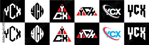 YCX letter logo design in six style. YCX polygon, circle, triangle, hexagon, flat and simple style with black and white color variation letter logo set in one artboard. YCX minimalist and classic logo