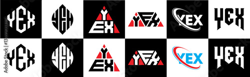 YEX letter logo design in six style. YEX polygon, circle, triangle, hexagon, flat and simple style with black and white color variation letter logo set in one artboard. YEX minimalist and classic logo