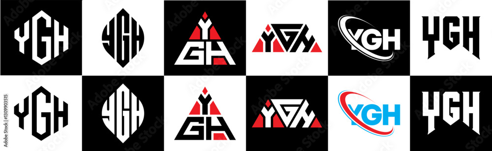 Obraz premium YGH letter logo design in six style. YGH polygon, circle, triangle, hexagon, flat and simple style with black and white color variation letter logo set in one artboard. YGH minimalist and classic logo