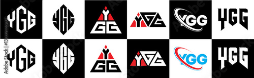 YGG letter logo design in six style. YGG polygon, circle, triangle, hexagon, flat and simple style with black and white color variation letter logo set in one artboard. YGG minimalist and classic logo