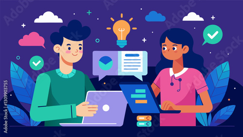 Two friends collaborate on a digital story using the apps multiple user function to combine their differing ideas and create a truly unique and. Vector illustration