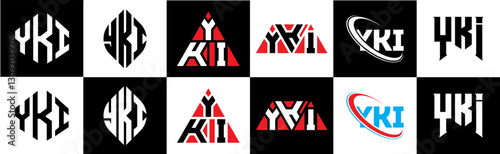 YKI letter logo design in six style. YKI polygon, circle, triangle, hexagon, flat and simple style with black and white color variation letter logo set in one artboard. YKI minimalist and classic logo