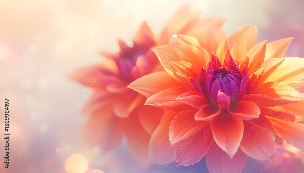Obraz premium Two Coral Dahlias Blossom in Soft Sunlight