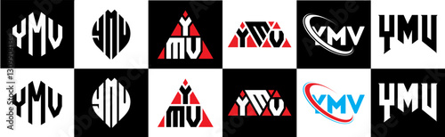 YMV letter logo design in six style. YMV polygon, circle, triangle, hexagon, flat and simple style with black and white color variation letter logo set in one artboard. YMV minimalist and classic logo