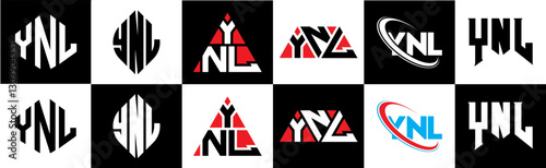 YNL letter logo design in six style. YNL polygon, circle, triangle, hexagon, flat and simple style with black and white color variation letter logo set in one artboard. YNL minimalist and classic logo