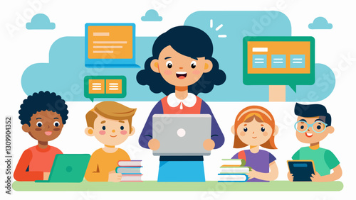 This techenhanced language learning program uses natural language processing to create personalized lessons for each child based on their learning. Vector illustration