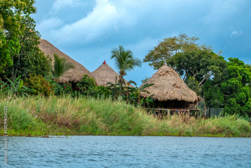 View of an Emberá village from the Chagres river, Chagres National Park, Panama