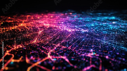 Vibrant Abstract Cityscape with Neon Lights and Digital Network Flow