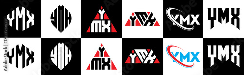 YMX letter logo design in six style. YMX polygon, circle, triangle, hexagon, flat and simple style with black and white color variation letter logo set in one artboard. YMX minimalist and classic logo