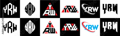 YRW letter logo design in six style. YRW polygon, circle, triangle, hexagon, flat and simple style with black and white color variation letter logo set in one artboard. YRW minimalist and classic logo