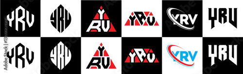 YRV letter logo design in six style. YRV polygon, circle, triangle, hexagon, flat and simple style with black and white color variation letter logo set in one artboard. YRV minimalist and classic logo