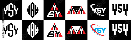 YSY letter logo design in six style. YSY polygon, circle, triangle, hexagon, flat and simple style with black and white color variation letter logo set in one artboard. YSY minimalist and classic logo